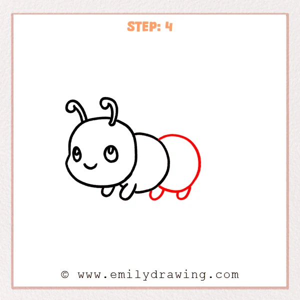 how to draw a cartoon caterpillar - The cartoon caterpillar now has a second, larger body segment added behind the first, plus two small back legs underneath for a longer crawling body.